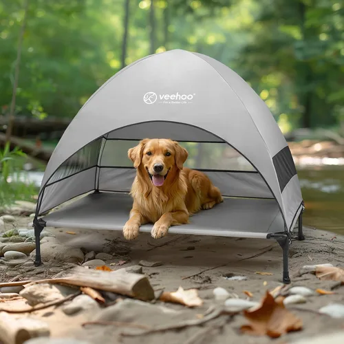 Miniatura 7 de Veehoo Cama para perros con dosel para exteriores, cuna elevada para mascotas con toldo extraíble y enfriamiento, pies antideslizantes, cuna elevada