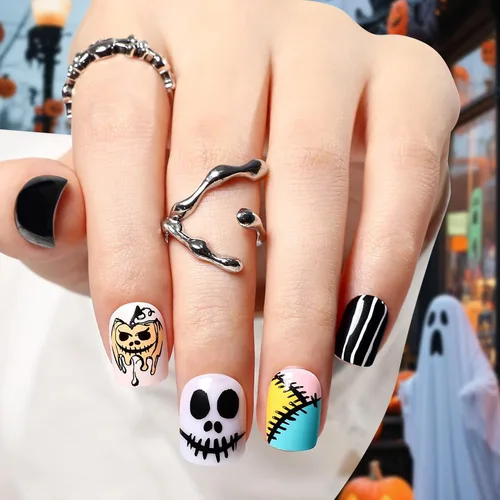 Miniatura 5 de Artquee Uñas postizas a presión de Halloween, paquete de 4 96 piezas, puntas postizas ovaladas cuadradas cortas con diseños de fantasma, llama