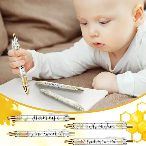 Miniatura 5 de Chuangdi 24 piezas de bolígrafos esferográficos Bee Honey Baby Shower, bolígrafos retráctiles a granel de tinta negra con regalos para invitados