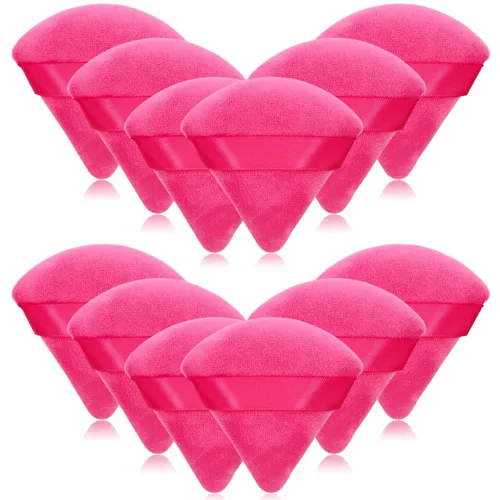 Miniatura 13 de 12 bolsas de polvo cosmético rosa, 2.76 pulgadas, portátil, suave, esponja, para la cara, soplo de terciopelo triangular con asa de cinta para polvo
