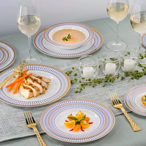 Miniatura 5 de Laura Stein Juego de vajilla de diseñador 32 cuencos de plástico desechables para fiestas, cuenco de boda blanco con borde azul y detalles de oro