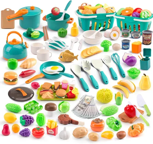 Miniatura 17 de 60 piezas de accesorios de cocina de juego para niños, juego de cocina de simulación con ollas y sartenes, vajilla y conjuntos de frutas y barbacoa