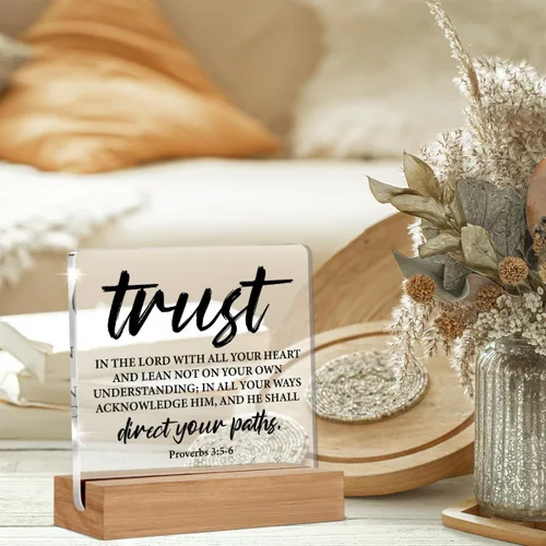 Miniatura 5 de Regalos de versículo bíblico cristiano para mujeres y hombres, letrero acrílico con frase de Proverbios Trust in The Lord Scripture con soporte