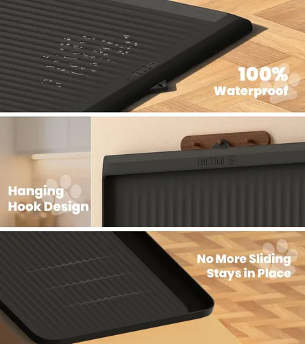 Miniatura 4 de Tapete de comida para perros de 36" x 24", tapete impermeable para alimentación de mascotas con ranuras de desviación y bordes elevados, tapete Negro
