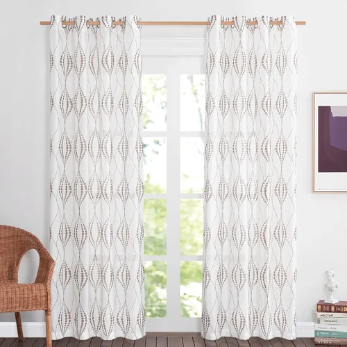 Miniatura 38 de NICETOWN Cortinas bohemias de lino transparente para sala de estar, cortinas semitransparentes de granja con patrón de rayas bohemias, cortinas Gris