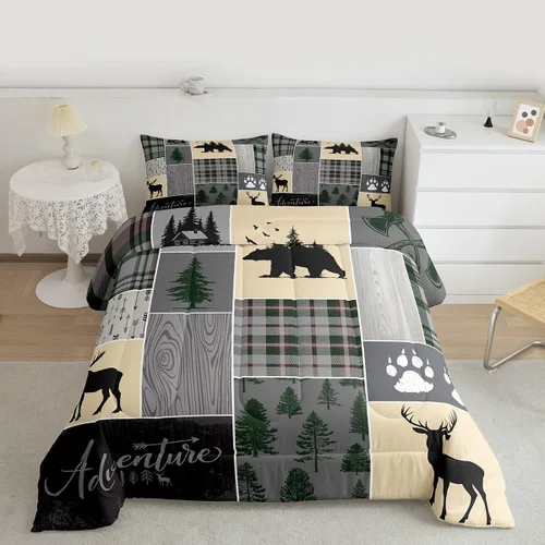 Miniatura 2 de Juego de edredón de cabaña rústica navideña, juego de ropa de cama estilo rústico con diseño de osos y ciervos, tamaño completo, patchwork Multi 08