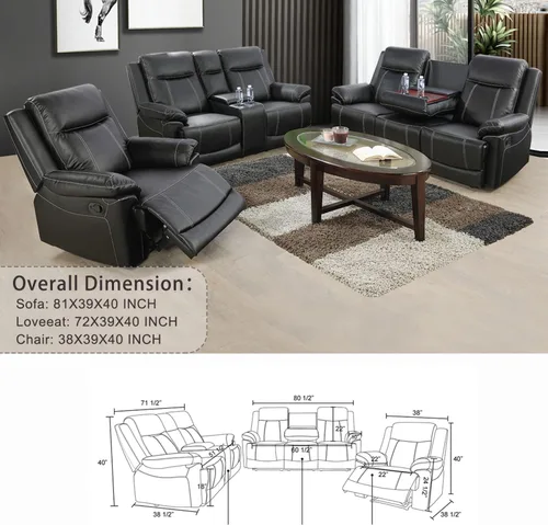 Miniatura 7 de Muebles de sala de estar, sofá reclinable de cuero, sofá reclinable manual con portavasos para casa/dormitorio/oficina/apartamento (negro/1 pieza)