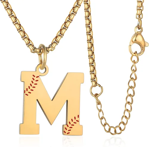 Susook Collar con inicial de béisbol para niños, dije de letra A-Z, cadena de acero inoxidable de 22 + 2 pulgadas, regalo de béisbol personalizado