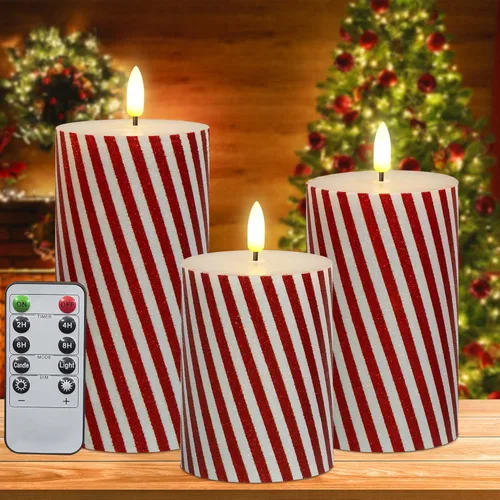 Miniatura 9 de Velas parpadeantes de Navidad sin llama con rayas rojas con purpurina, pilar de cera real, velas eléctricas LED con temporizador remoto para Rayas