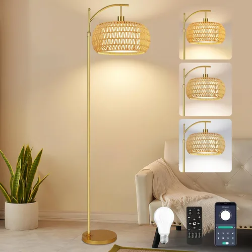 Miniatura 13 de ZECOXOL Lámparas de pie de arco para sala de estar, dormitorio, lámpara de pie bohemia de ratán con control remoto, lámpara de pie LED regulable