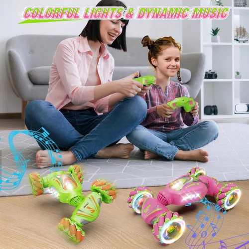 Miniatura 6 de Nicella Coche de control remoto, autos RC rosas para niñas, acrobacias de gestos con luz y música, 4 WD, rotación de 360°, juguetes de auto
