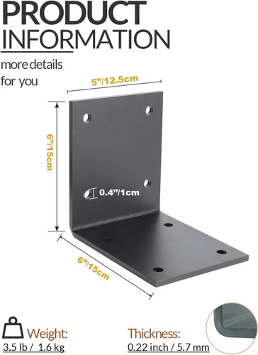 Miniatura 2 de 2 soportes en L extremadamente resistentes, soporte de esquina de acero de 6 x 5 pulgadas, soporte de ángulo de 90 grados de grosor de 0.22 pulgadas