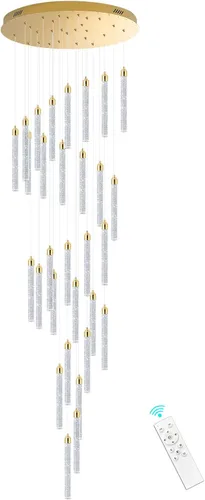 Miniatura 9 de Moderno candelabro LED de 30 luces para sala de estar, comedor y entrada, lámpara colgante dorada de cristal espiral regulable Dorado