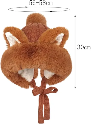 Miniatura 11 de Gorro de invierno de piel sintética para mujer, con orejas de gato de zorro, con orejera, pompón, sombrero de trampero de felpa cálida rusa