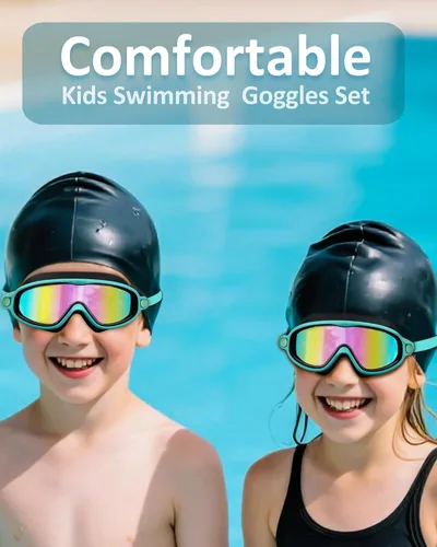 Miniatura 7 de Gafas de natación para niños, antivaho, protección UV y amplia vista & gorro de natación para niños de 3 a 15 años, niños y niñas, bebés Negro