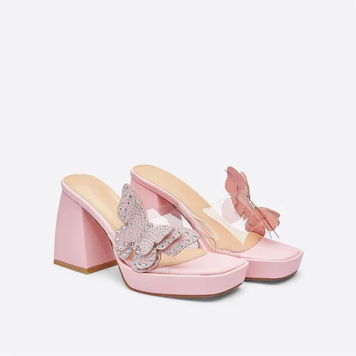Miniatura 3 de NEWBELLA Sandalias de tacón alto de mariposa con diamantes de imitación, tacones gruesos con punta cuadrada abierta, pantuflas de verano sin