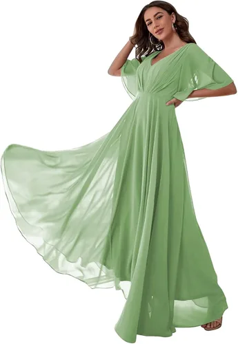 Vestidos de dama de honor de talla grande, de gasa, con cuello en V, manga corta, vestidos de noche, vestidos de fiesta para boda, color verde