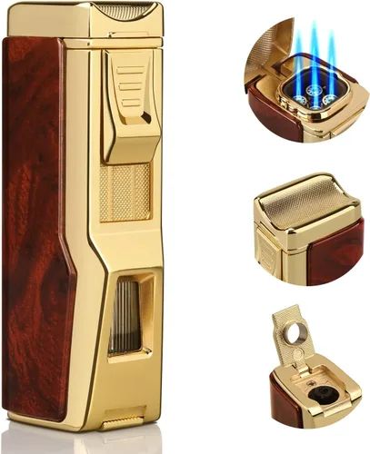 Encendedor de Antorcha, Encendedor Recargable de Butano con 4 Llamas a Chorro, Resistente al Viento, Regalo para Hombres y Mujeres (Caoba, Sin Gas)