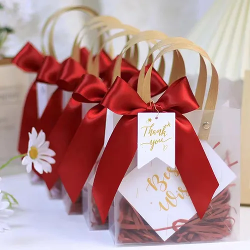Miniatura 8 de ZSMSTW 5 bolsas de regalo de PVC transparente con asas, bolsas de plástico reutilizables para regalos de boda, fiesta de cumpleaños, bolsas de Matcha