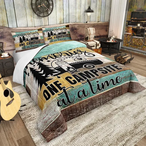 Miniatura 2 de Juego de ropa de cama con temática de cámper, juego de edredón de cabaña de madera marrón y verde, tamaño matrimonial, 3 piezas, decoración de Multi