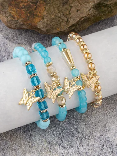 Miniatura 2 de Juego de pulseras con colgante de mariposa con cuentas de cristal bohemio, apilable, pulsera elástica apilable hecha a mano, multicapa colorida