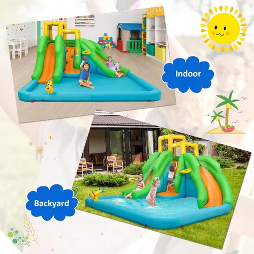 Miniatura 5 de HONEY JOY - Tobogán acuático inflable, parque acuático inflable 6 en 1 con muro para escalar y 2 toboganes largos, piscina, castillo inflable