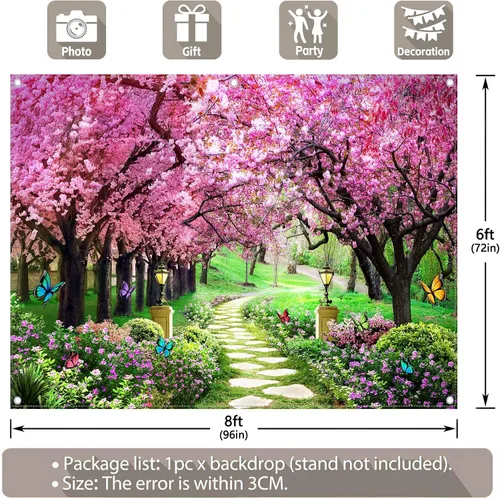 Miniatura 3 de Telón de fondo de fotografía de paisaje primaveral de 8 x 6 pies, jardín, flores, árbol, camino, paisaje, mujeres, niños, decoración de fiesta