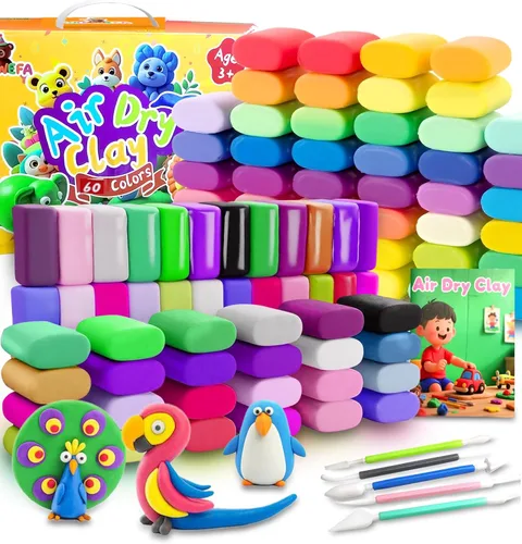 Arcilla seca al aire para niños, 60 colores de arcilla de modelado de secado al aire, arcilla de moldeo para esculpir, suave y no pegajosa, guía de