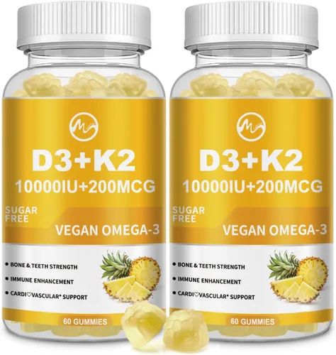 Gomitas de vitamina D3 K2, vitamina D3 10000IU, K2 (MK-7) 200mcg, suplemento de vitamina D3 con K2 6 en 1 con omega-3, magnesio, calcio y zinc para