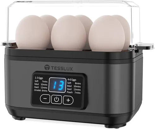 Tesslux Cocedor Eléctrico Rápido de Huevos, Capacidad para 6 Huevos para Huevos Duros, Huevos Escalfados, Huevos Revueltos, o Fabricante de Gris
