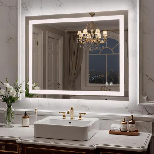 Miniatura 41 de Espejo de baño LED de 24 x 32 pulgadas con luces, espejo de tocador de baño con marco negro con luz frontal + retroiluminación para pared, vidrio