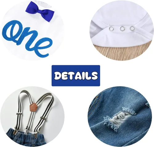 Miniatura 63 de Conjunto de ropa de cumpleaños para bebé niño pequeño, con tirantes, pantalones de mezclilla rasgados