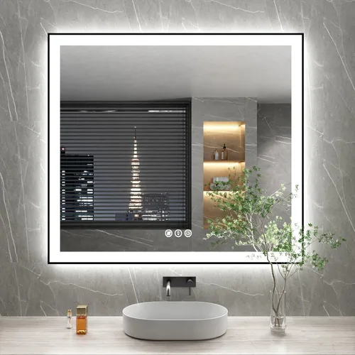 Miniatura 86 de Espejo de baño LED de 60x36 pulgadas con marco negro, espejos de baño retroiluminados y con luz frontal para pared, antiempañamiento, regulable