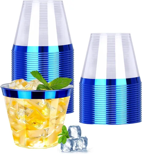 Miniatura 12 de QPEY Paquete de 50 vasos de plástico con borde de oro rosa, vasos desechables de 9 onzas de oro rosa de alta calidad, copas de vino de plástico duro