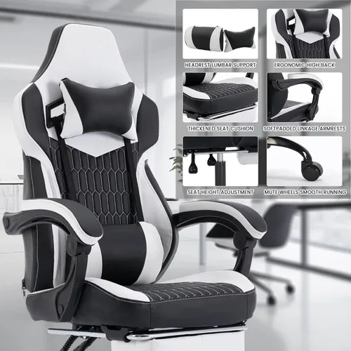 Miniatura 5 de Silla de juegos con reposapiés, silla ergonómica para jugadores con soporte lumbar ajustable y reposacabezas, silla de computadora para adultos
