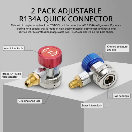 Miniatura 2 de YSTOOL Automotriz AC R134a Kit de acoplador rápido ajustable HVAC Conversión de conector alto y bajo con adaptador SAE macho de 1/4 de pulgada