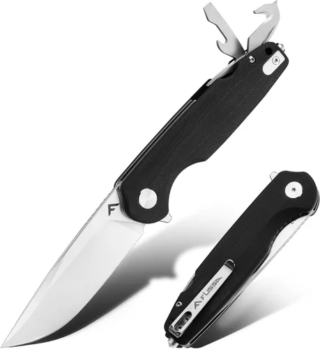 Miniatura 8 de FLISSA Cuchillo de bolsillo multiherramienta, hoja D2 de 3.3 pulgadas con mango G10, cuchillo plegable con bloqueo de revestimiento con rompedor