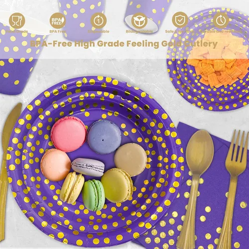 Miniatura 3 de AIRE 350 PCS Platos de Papel Morado Dorado Suministros de Fiesta para 50 Invitados Decoraciones de Fiesta Vajilla Desechable Platos de Papel Tazas