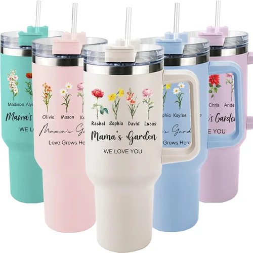 Miniatura 13 de ThermoThrill Se envía al día siguiente, vaso personalizado de 40 onzas con asa y pajita Vaso personalizado con texto Taza de acero inoxidable