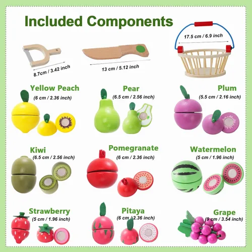 Miniatura 2 de Juguetes de madera para cortar frutas, juego de alimentos para cocina de niños, juego de frutas y verduras cortables, con cesta de picnic