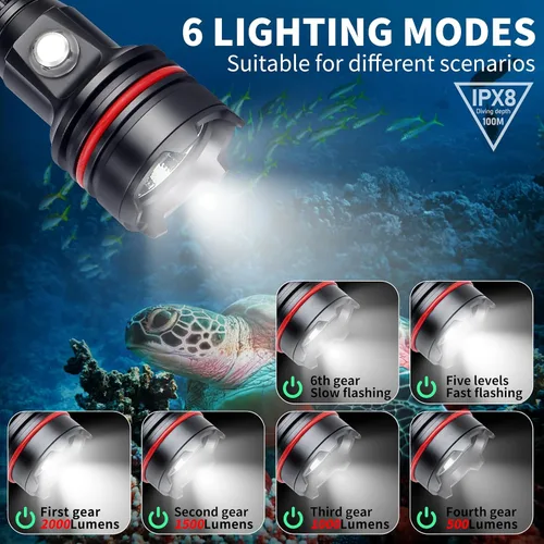 Miniatura 3 de Linterna submarina 14S de 2000 lúmenes con correas de gancho y bucle, 6 modos de linterna de buceo súper brillante, USB-C recargable, IP68 328 pies