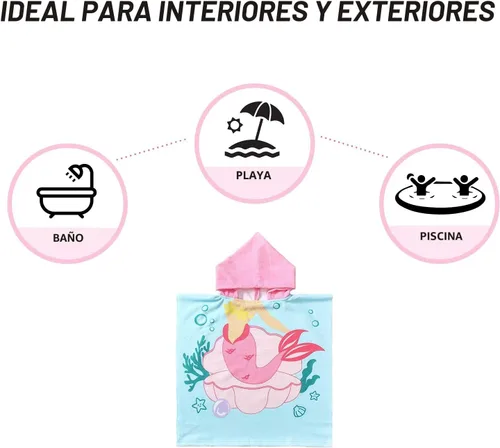 Miniatura 7 de NovForth Toalla de Playa para Niños y Niñas, Envoltorio de Toalla de Baño con Capucha de Sirena, Toalla de Piscina para Niños Pequeños con Capucha