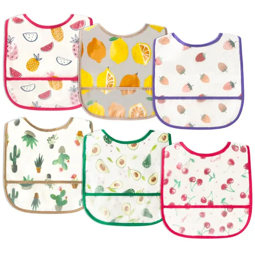 Miniatura 12 de Juego de 6 baberos de alimentación para bebés con bolsillo recolector de migas, ajustables, impermeables, sin mangas, juego de baberos para la Rosa