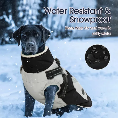 Miniatura 5 de IECOii Chaqueta para perro con arnés de invierno integrado, color negro, XXXL, abrigo de perro con cremallera, ropa de invierno para perros grandes