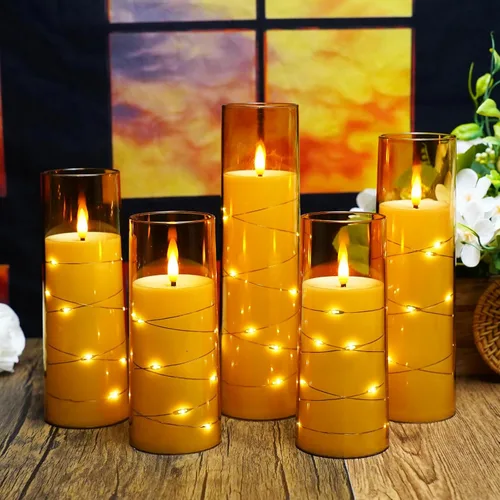 Miniatura 4 de kakoya Velas LED sin llama con temporizador de 5 piezas, velas parpadeantes sin llama para ambiente romántico y decoración del hogar, carcasa dorado