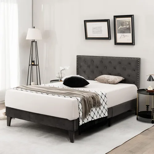 Miniatura 3 de KOMFOTT Base de cama tapizada tamaño matrimonial, base de cama de plataforma con cabecera copetuda y estribo acolchado suave, base de colchón