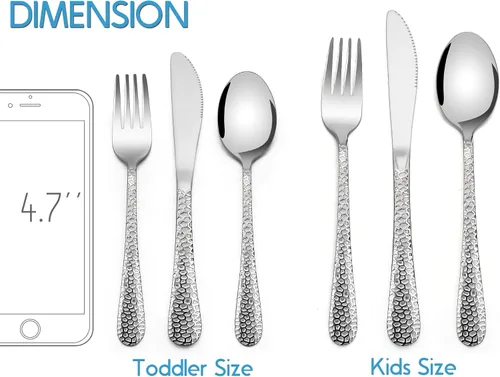 Miniatura 6 de E-far - Juego de cubiertos de 12 piezas para niños, cubiertos martillados de acero inoxidable para niños pequeños, vajilla de dieta para adultos