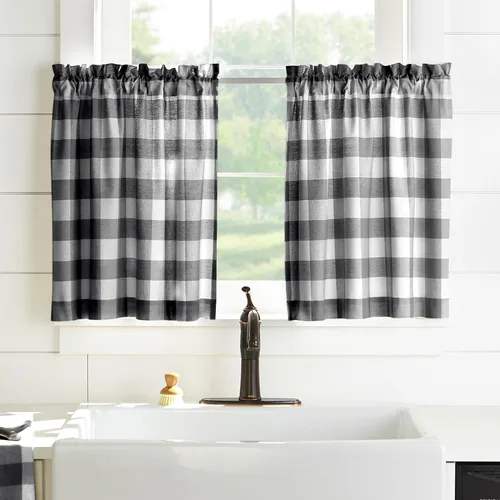 Miniatura 19 de Elrene Home Fashions Farmhouse Living Buffalo-Check Juego de cortinas de dos niveles para baño o cocina, 30" x 24" (Juego de 2 niveles), Gris/Blanco