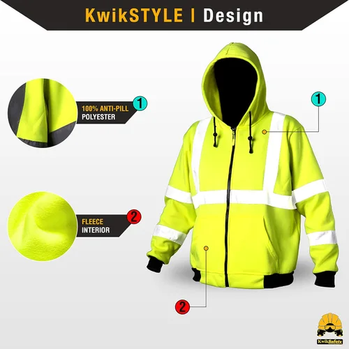 Miniatura 3 de KwikSafety - Charlotte, NC - Sudadera de forro polar de seguridad para hombres Chaqueta reflectante de alta visibilidad y PPE, ligera Amarillo