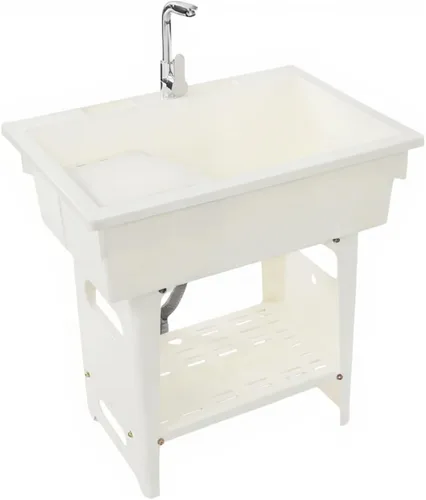 Miniatura 12 de Fregadero de plástico independiente con tabla de lavadero, lavabo para lavandería, lavabo con grifo caliente y frío para garaje, sótano, jardín